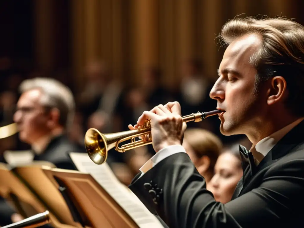 'Intenso concierto de orquesta de cine con vientos, capturando pasión y concentración en músicos durante la interpretación en vivo