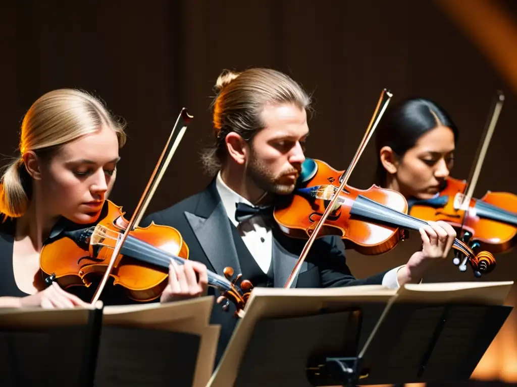 Intenso concurso de música de cámara: músicos enfocados, detalles de instrumentos y arquitectura histórica