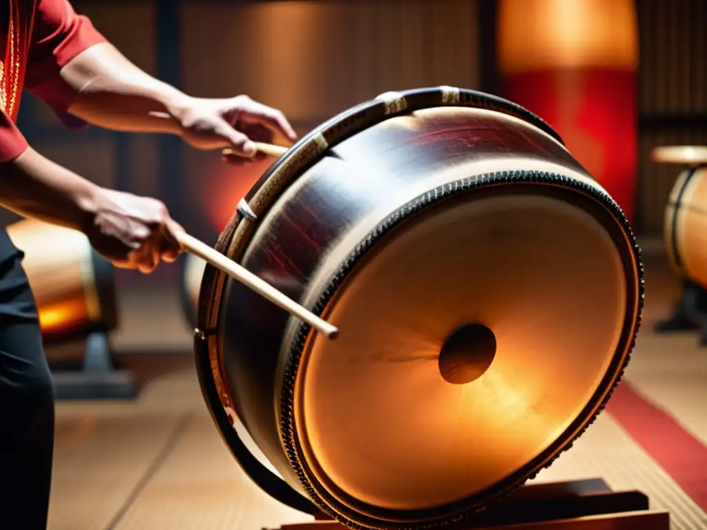 Un intenso y emotivo momento capturado en un taiko japonés, con detalles intrincados, movimiento dinámico y reverberante sonido