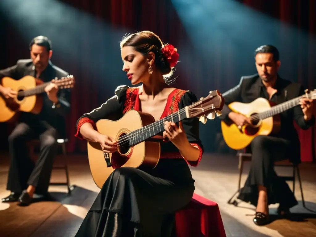 Intenso espectáculo de flamenco con músicos apasionados en un ambiente íntimo, iluminados por luces de escenario