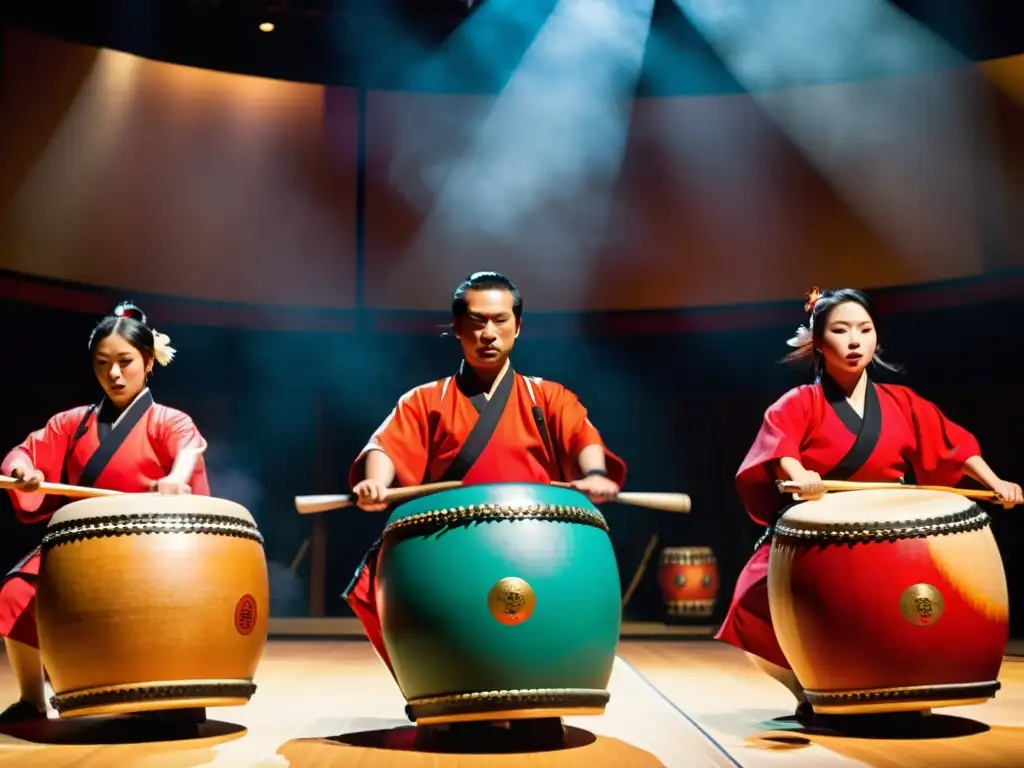 Intenso espectáculo de tambores taiko japonés, con movimientos dinámicos y colores vibrantes