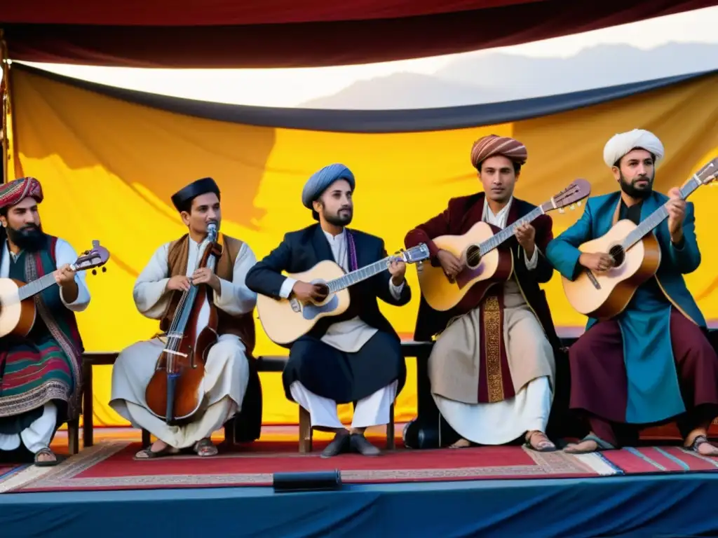 Intenso festival de música tradicional en Kabul con músicos afganos, coloridos trajes y emotivas expresiones mientras tocan