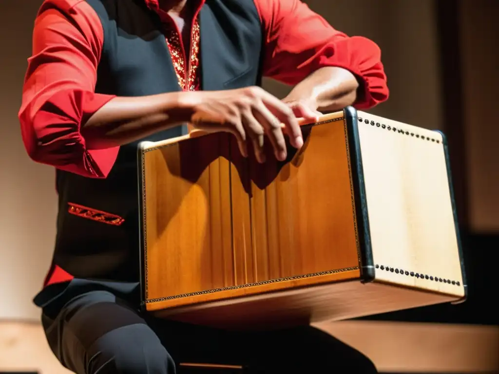 Intenso flamenco: un músico toca el cajón peruano, fusionando tradiciones musicales en una atmósfera visualmente cautivadora