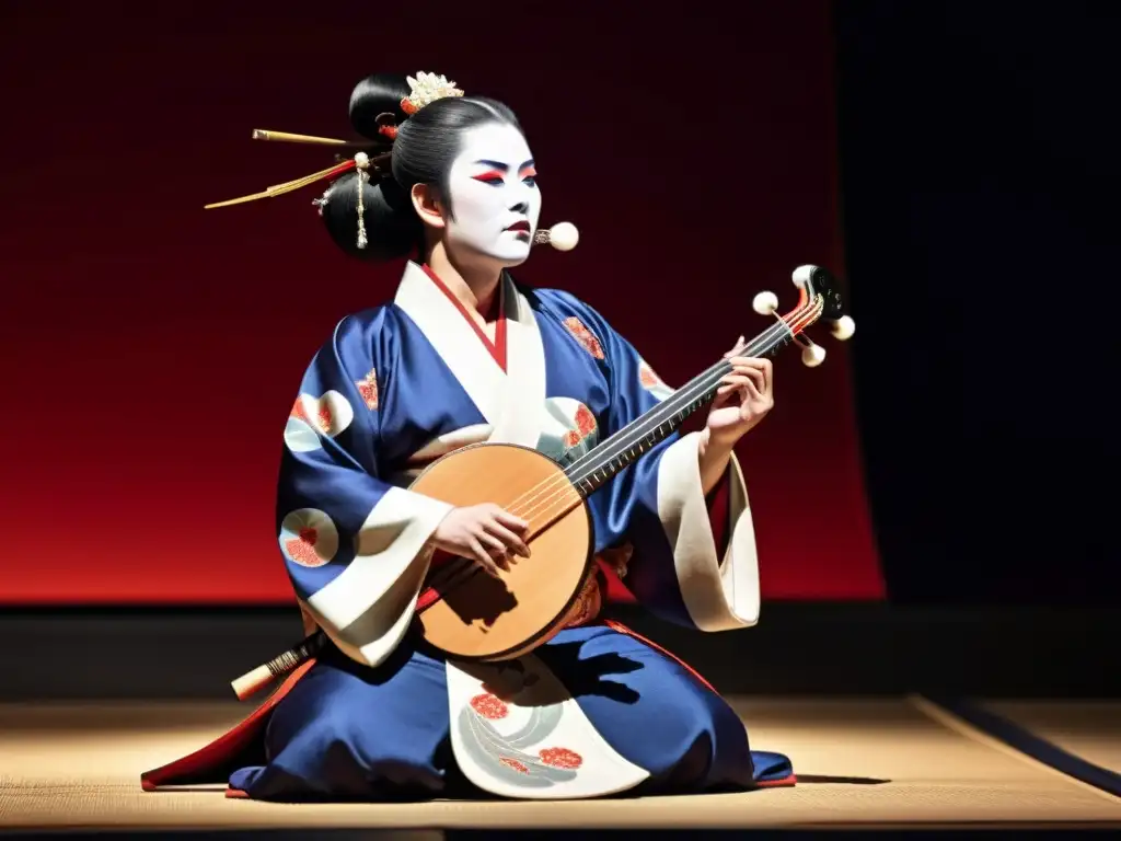 Intenso intérprete de Kabuki tocando el shamisen en el escenario, resaltando la importancia del Shamisen en Kabuki