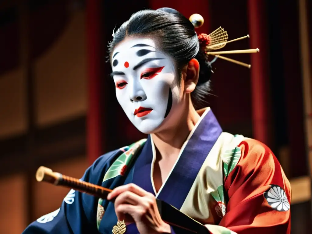 Un intenso intérprete de kabuki toca el shamisen con pasión y precisión, destacando la historia y sonido del shamisen en el teatro kabuki