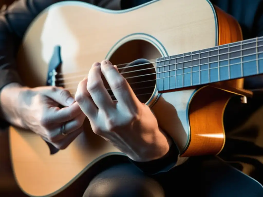 Intenso momento en blanco y negro de un guitarrista tocando suavemente las cuerdas de una guitarra acústica, expresando pasión y destreza