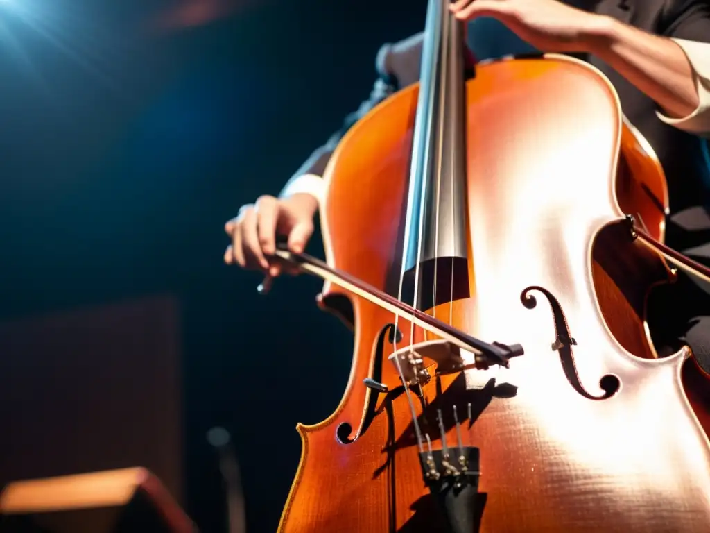 Un intenso momento de expresión musical en vivo con un músico tocando un cello eléctrico vintage en un escenario