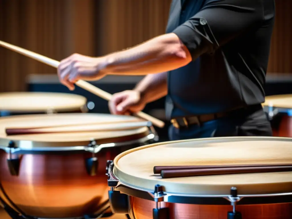 Un intenso momento de percusión con timbal en la orquesta, destacando el ritmo y dinámica del instrumento y del intérprete