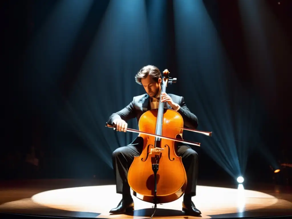Emoción intensa: Solista de violonchelo en el escenario Un intenso papel solista del chelo capturado en una emotiva actuación en el escenario, con el músico inmerso en su interpretación
