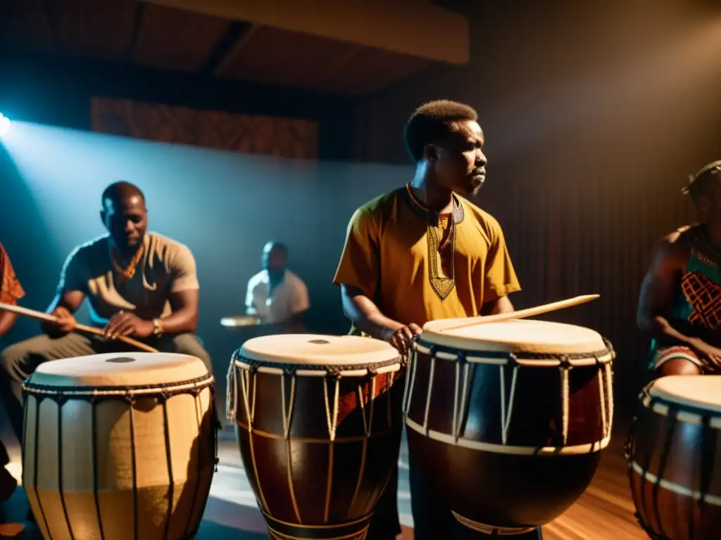 Intenso performance de percusión en Afrobeat, músicos tocando tambores africanos en ambiente tenue