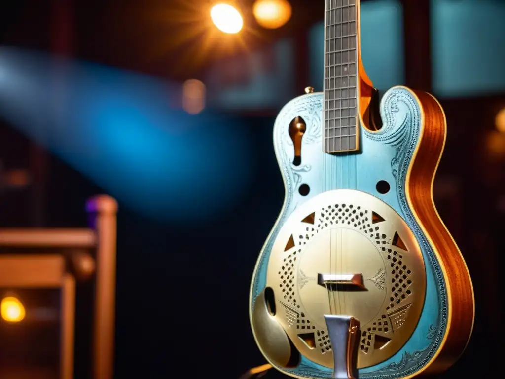 Un intenso retrato de una guitarra resonadora vintage, tocada por un músico en un club de blues, evocando la historia y el sonido del instrumento