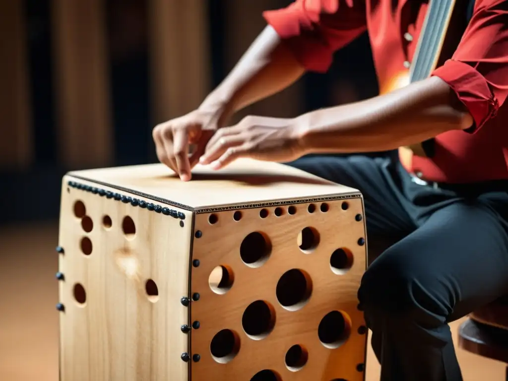 Intenso ritmo de cajón peruano en flamenco, destacando la pasión y la fusión cultural a través de la música en el escenario