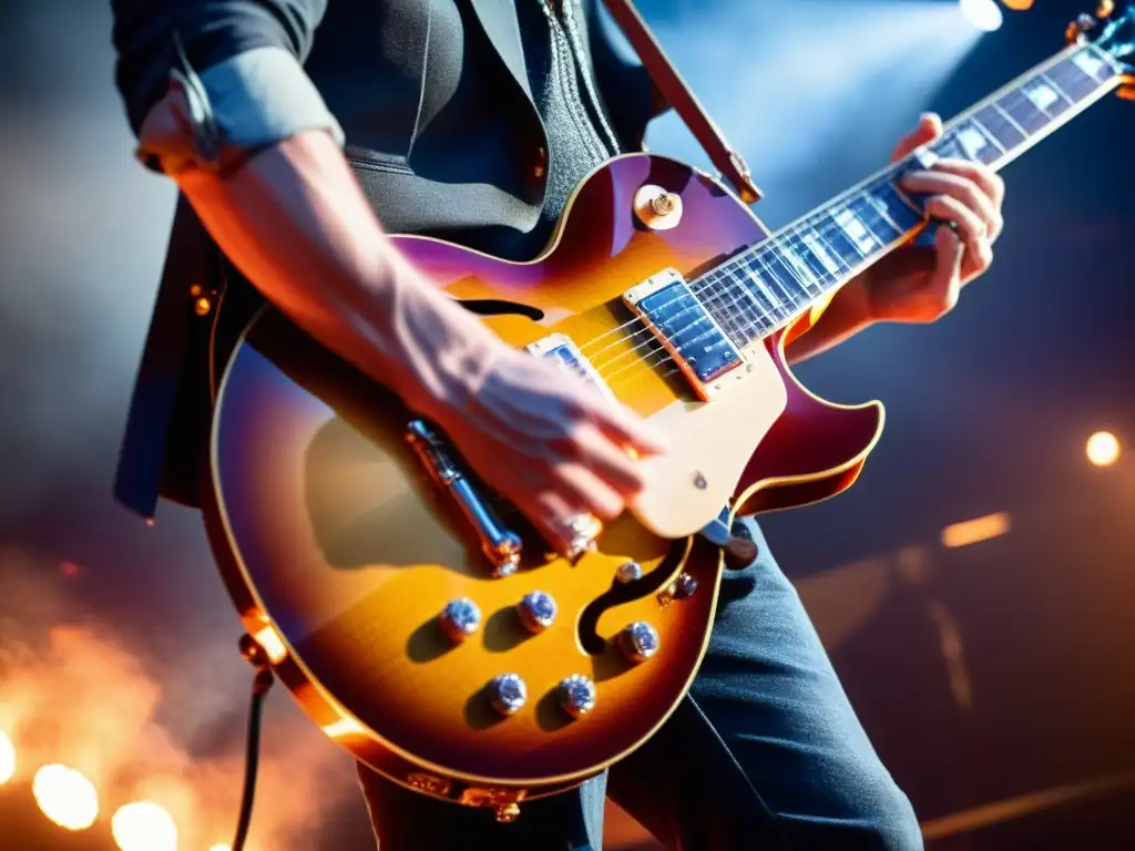 Intenso sonido eléctrico de una Gibson Les Paul en el escenario, con chispas de luz y energía palpable en la actuación del músico