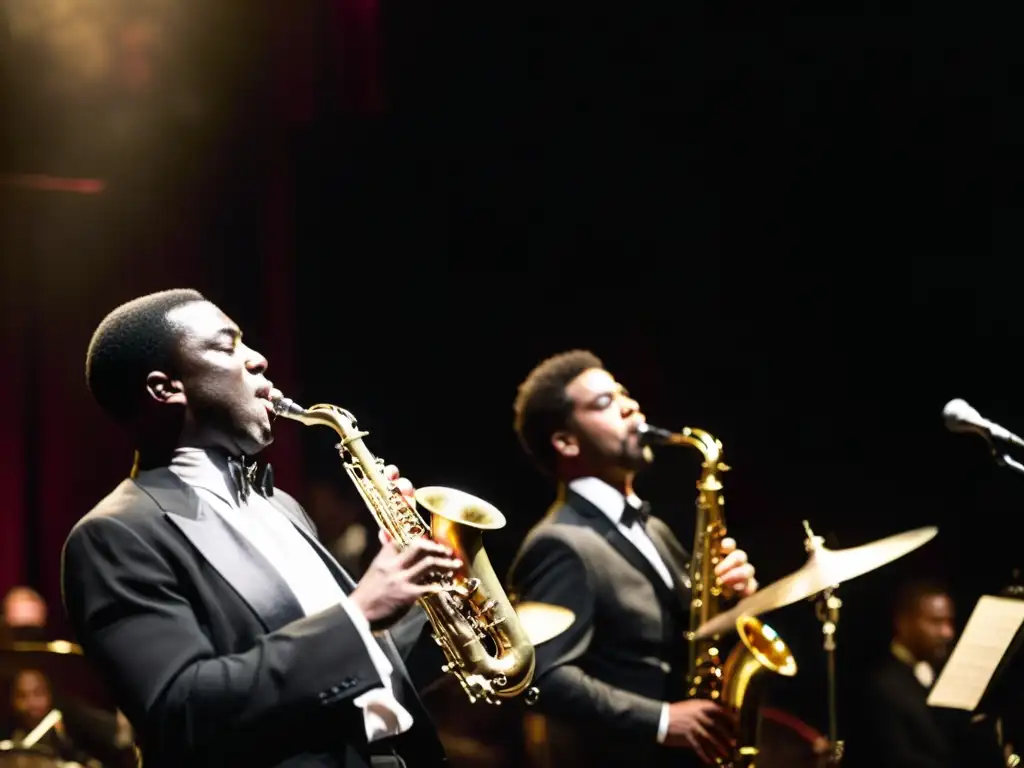 Un intenso trombonista lidera la banda de jazz en el escenario, evocando la influencia del trombón en la música jazz