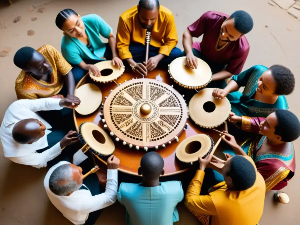 Intercambio cultural música instrumentos del mundo: Grupo diverso de músicos en animada sesión, tocando instrumentos tradicionales únicos