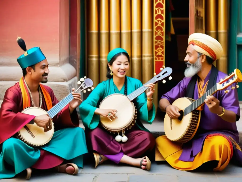 Intercambio de instrumentos musicales culturales entre músicos de diferentes culturas en el vibrante mercado de la Ruta de la Seda