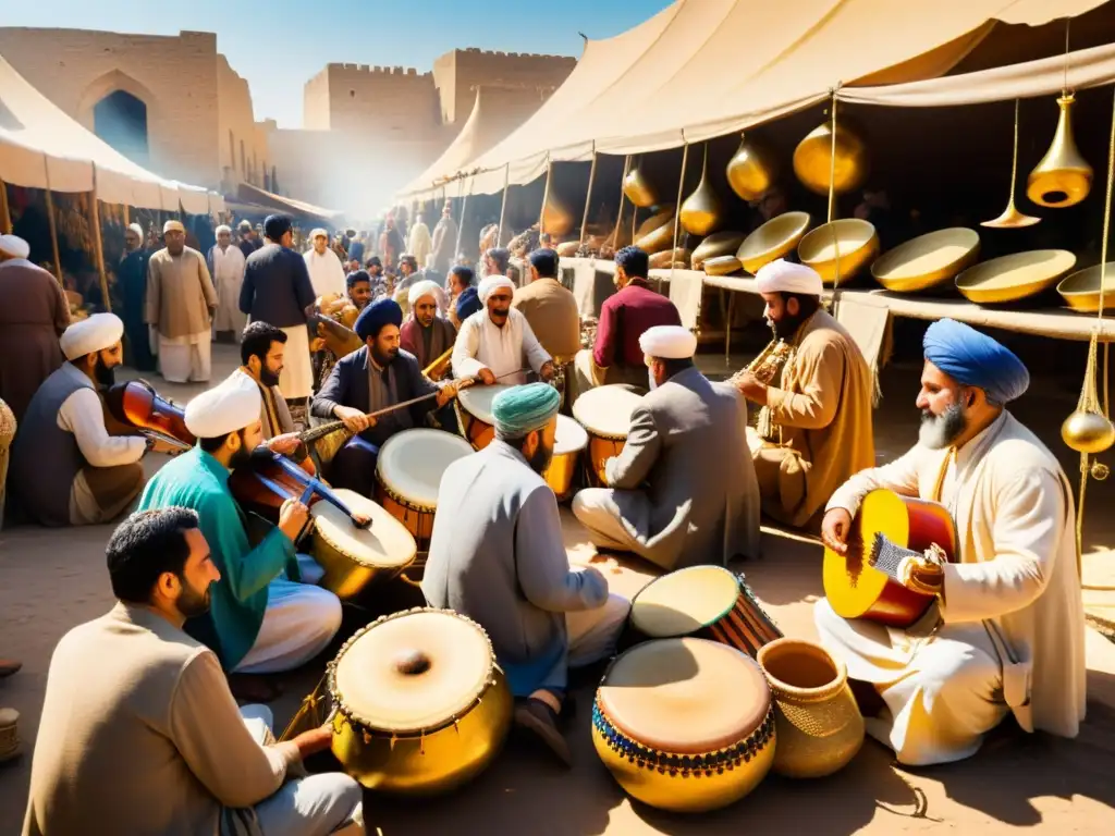 Intercambio de instrumentos musicales culturales en animado mercado de Persia antigua