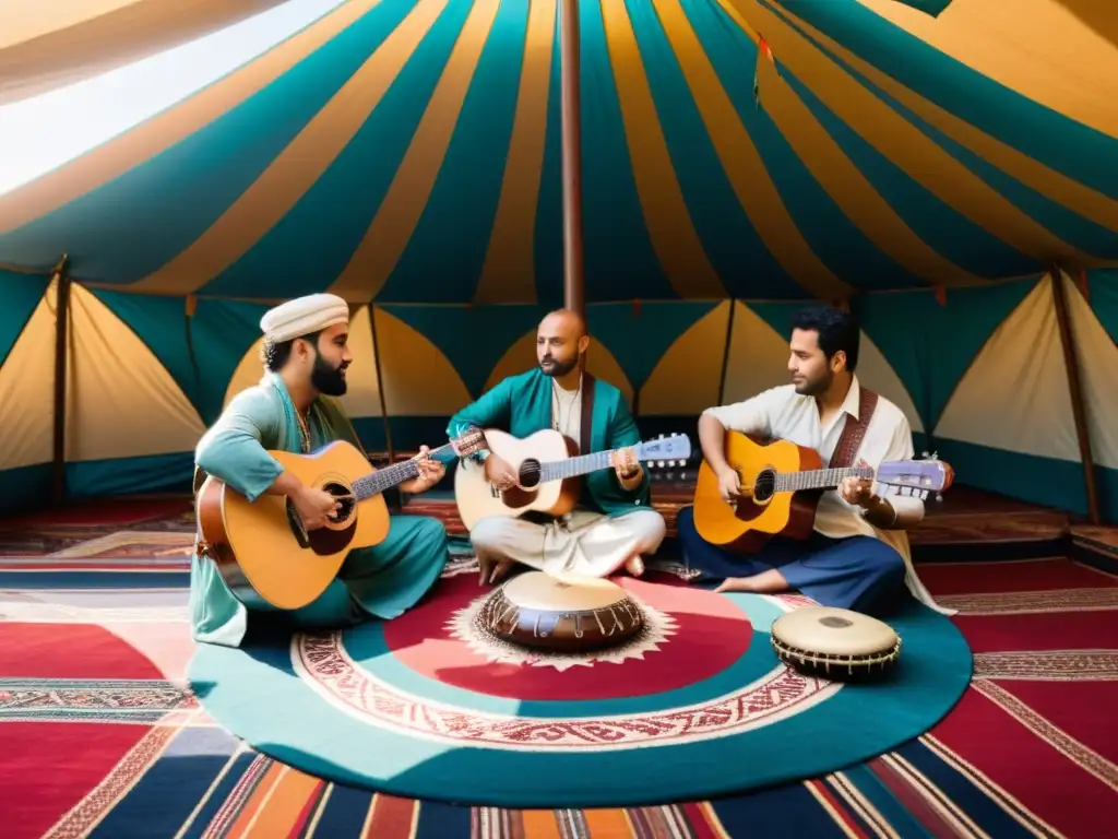 Intercambio musical entre Asia y Oriente Medio: Músicos en tienda decorada, tocando instrumentos tradicionales bajo la cálida luz filtrada