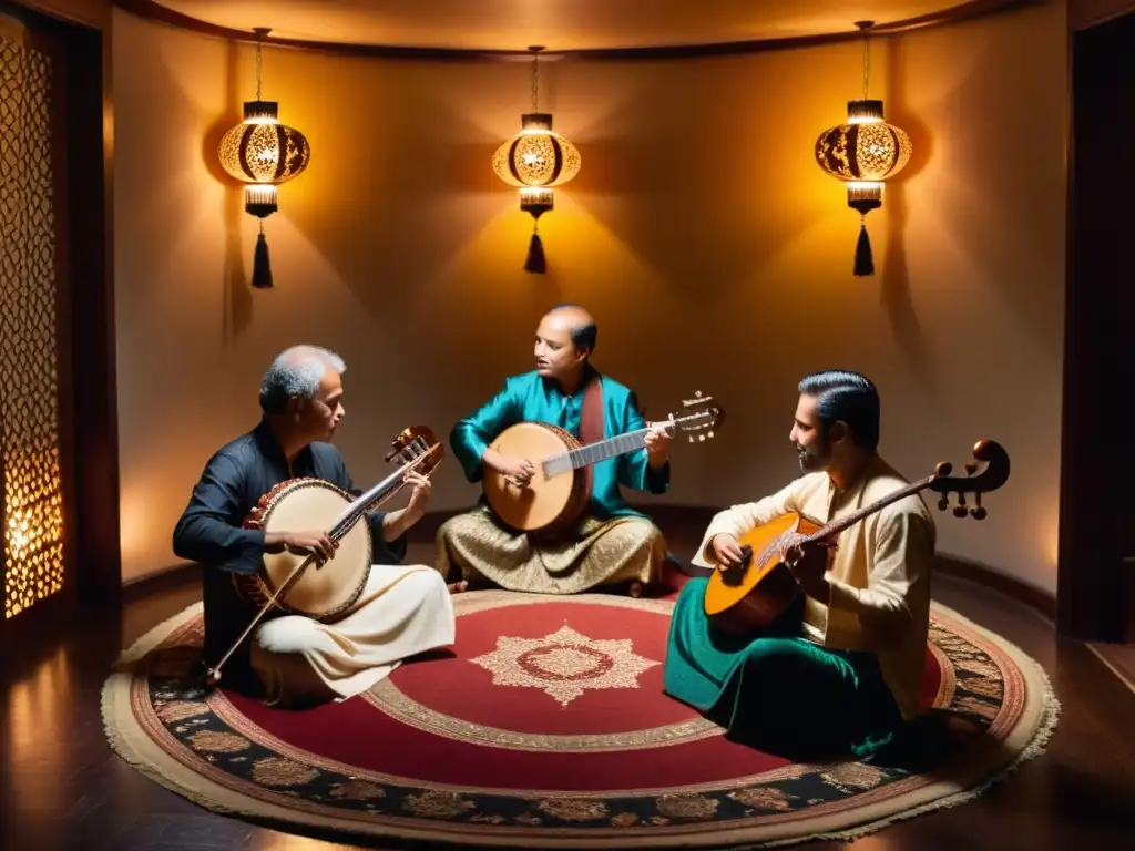 Intercambio musical entre Asia y Oriente Medio: Músicos tocando instrumentos tradicionales en una sala decorada con luz tenue y pasión