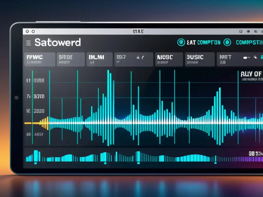 Interfaz futurista de composición musical con inteligencia artificial, mostrando ondas, notas y diseño avanzado