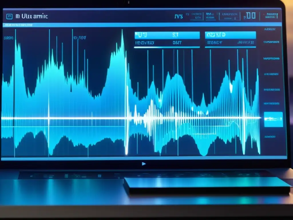 Interfaz futurista de software de composición musical, con ondas digitales, herramientas algorítmicas y notación musical compleja