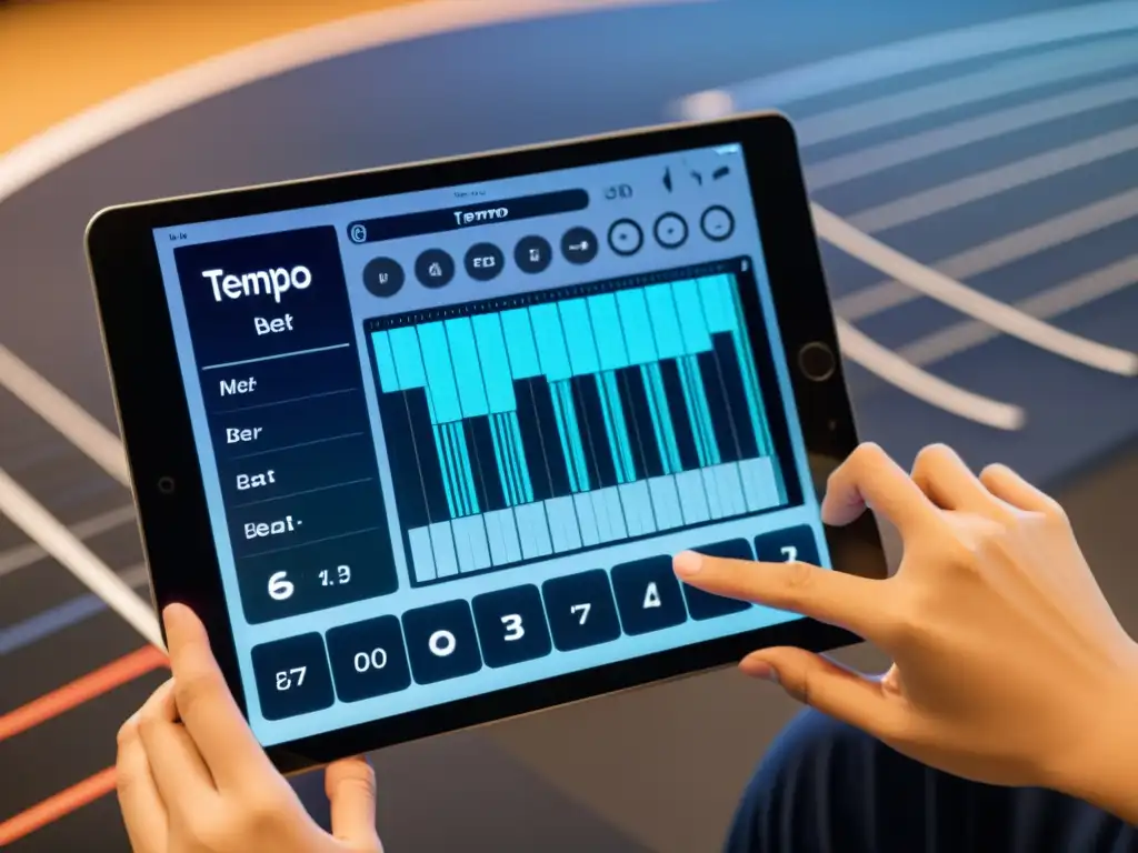 Interfaz de metrónomo digital en aula, integrando herramientas modernas para enseñanza del ritmo musical