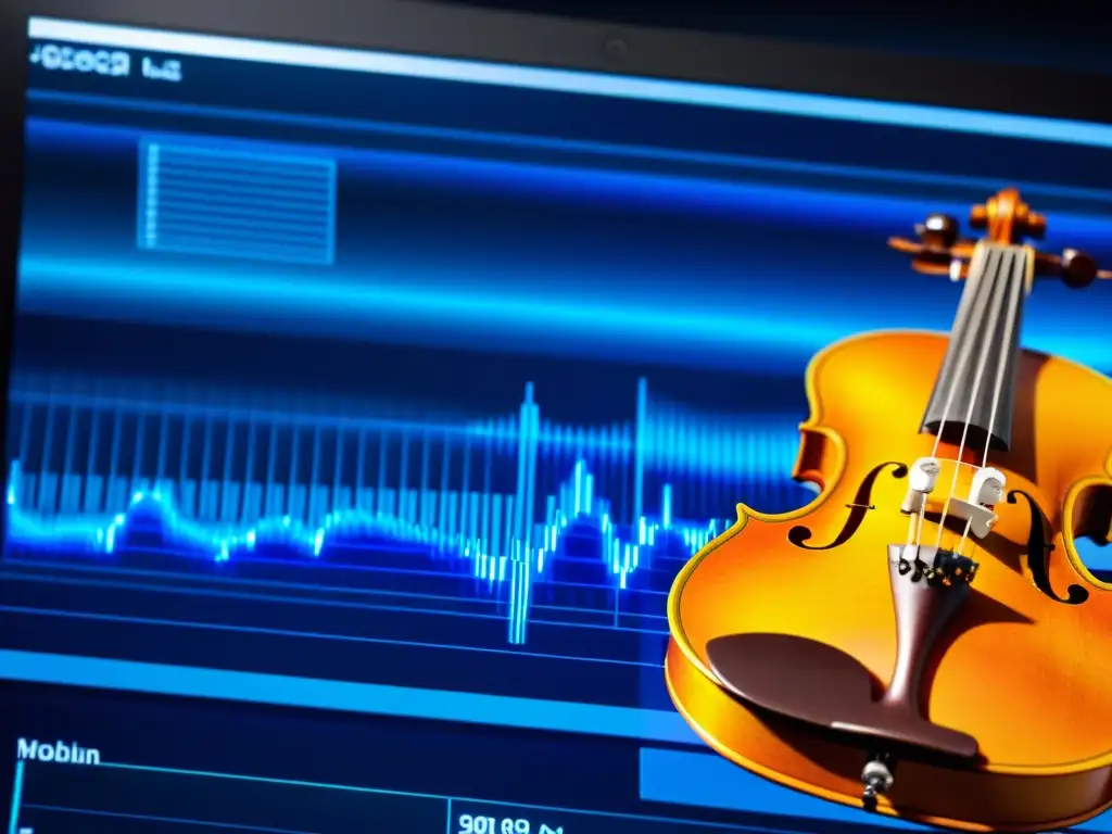 Software de modelado acústico de violín: precisión y creatividad Interfaz de software de modelado acústico detallado en pantalla de computadora, con gráficos de ondas y análisis de frecuencias