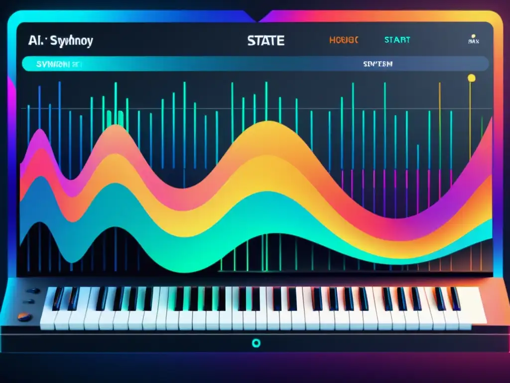 Interfaz de software de IA para componer música del mañana, con complejos algoritmos y vibrantes gráficos futuristas