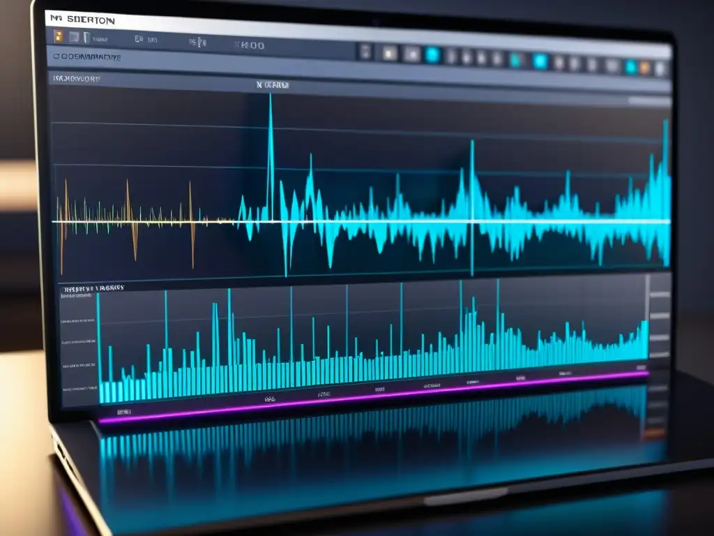 Interfaz de software de composición musical 8K detallada, con ondas, notas y herramientas de edición