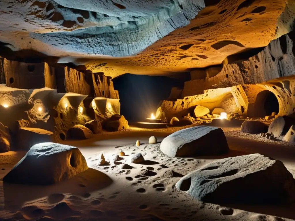 Interior de cueva prehistórica con formaciones rocosas y marcas de herramientas antiguas, destacando la acústica natural