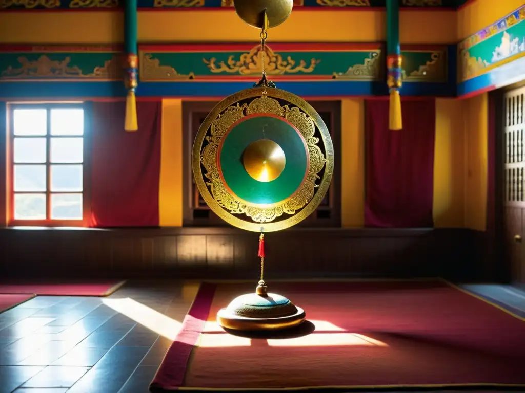 Interior sereno de un templo tibetano con un gong tibetano ornamentado en el centro