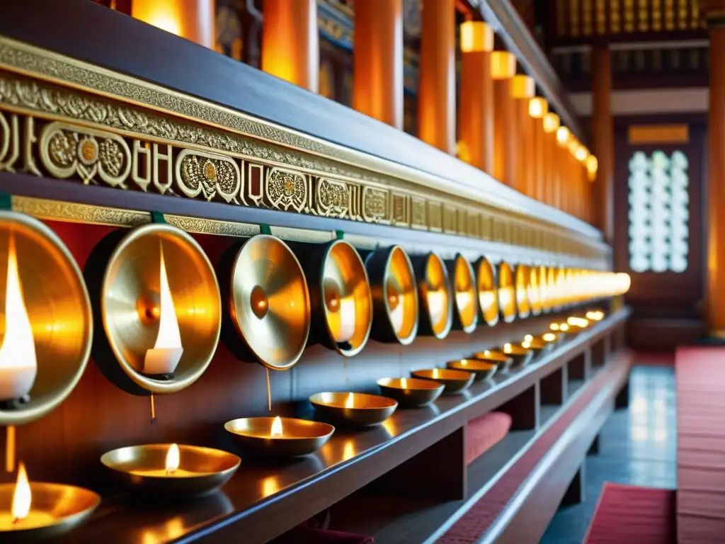 Interior de templo budista con gongs, monjes en ritual meditativo