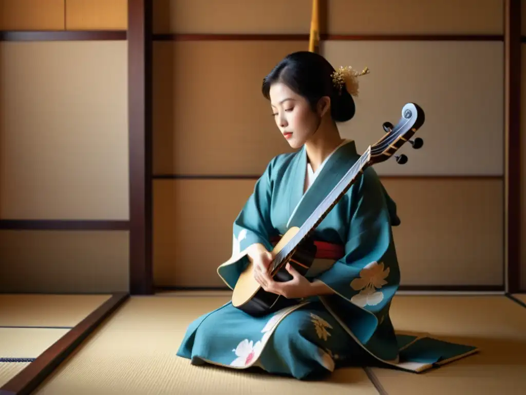 Un intérprete de shamisen japonés, vestido con kimono, toca con concentración en una habitación serena con shoji