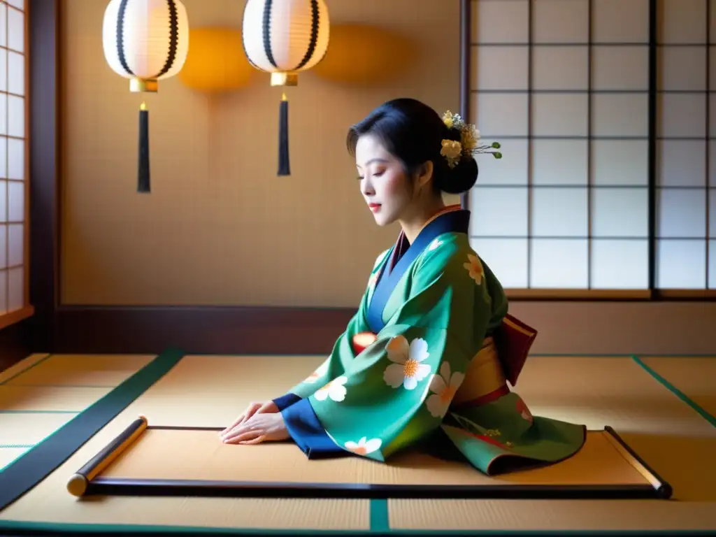 Una intérprete de koto japonés en kimono tradicional, tocando con gracia y concentración