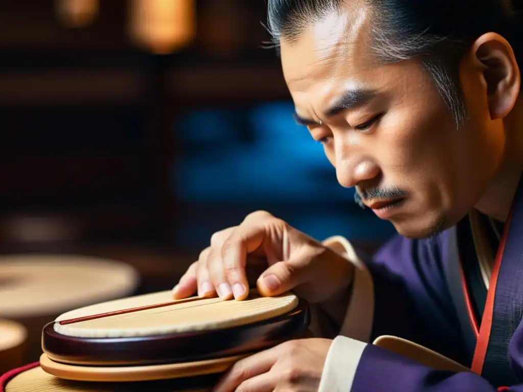 Un intérprete de Tsugaru Shamisen japonés muestra maestría en su actuación, pluckeando las cuerdas con precisión mientras irradia concentración