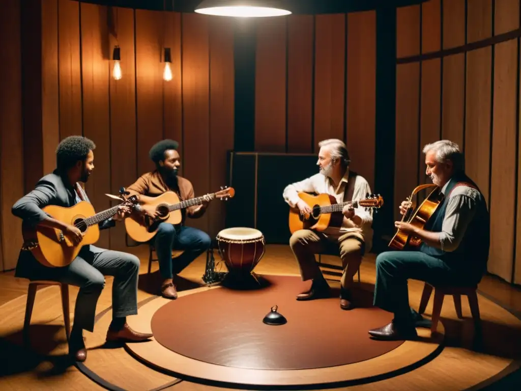 Una íntima sesión de improvisación en el folklore musical, capturada en una acogedora sala de ensayo