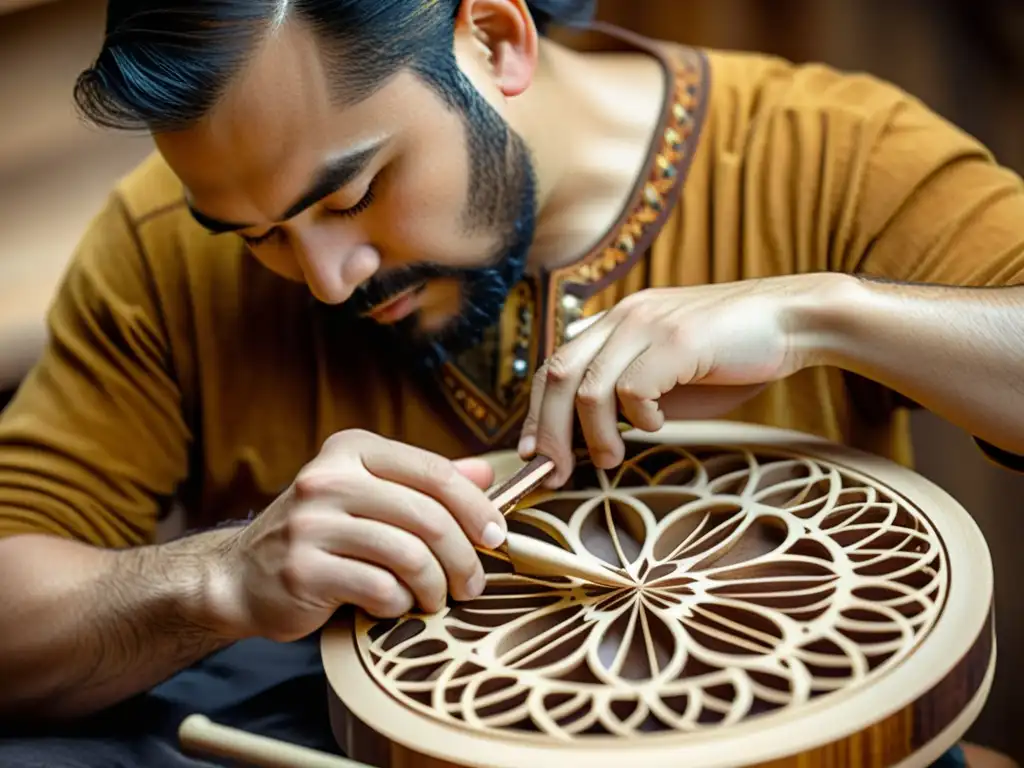 Un luthier hábil talla intrincados diseños en un instrumento de cuerda artesanal con herramientas tradicionales