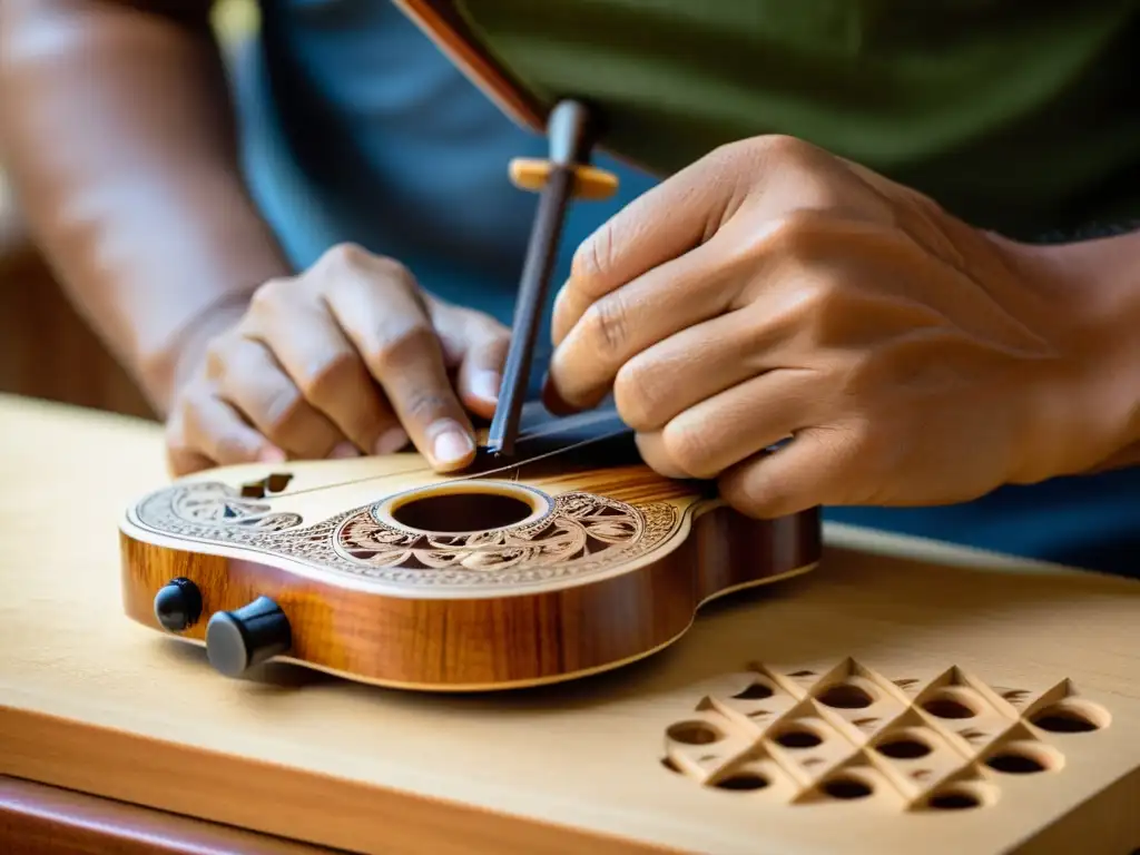 Un luthier hábil talla intrincados diseños en la tapa de un ukelele hawaiano, mostrando la precisión y arte en su construcción