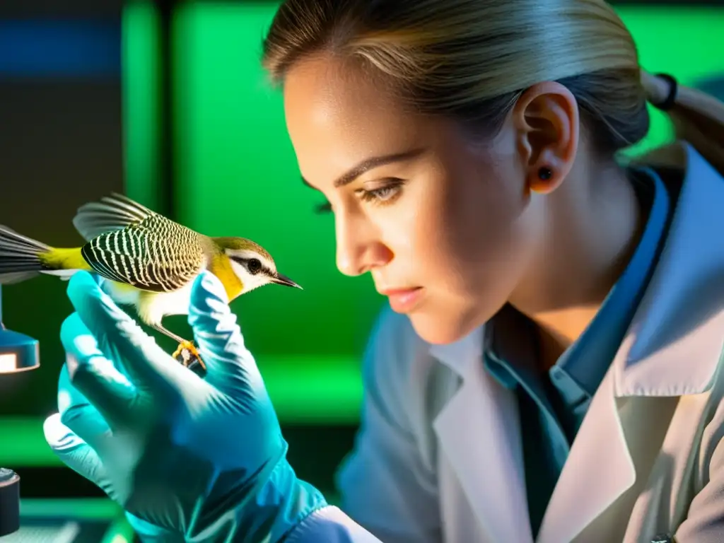 Investigador examina la estructura de la siringe de un pájaro, buscando influencia de la bioacústica en instrumentos