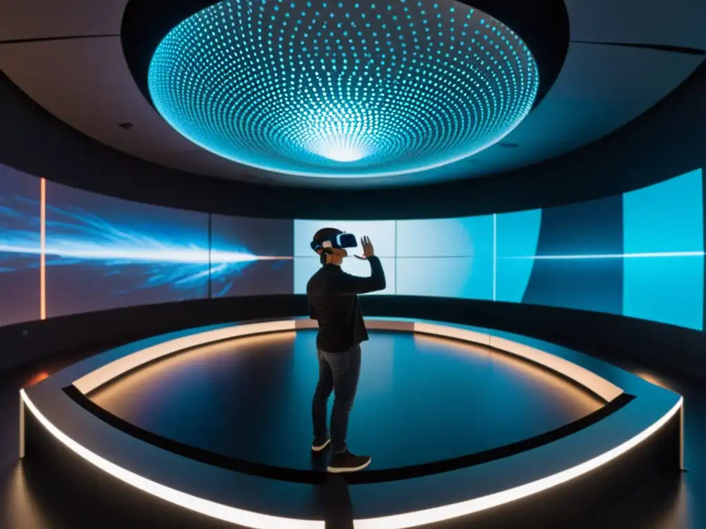 Un investigador en un laboratorio de realidad virtual señala una visualización de sonido compleja en el aire