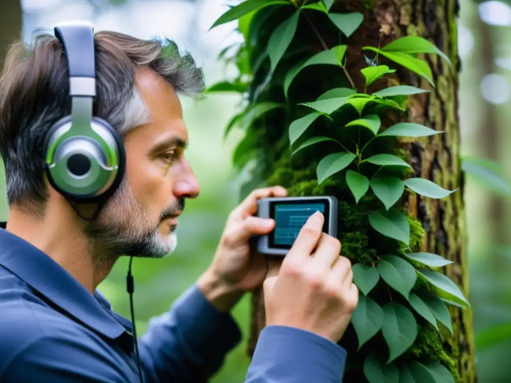 Un investigador de bioacústica coloca sensores en un árbol, rodeado de equipos de grabación