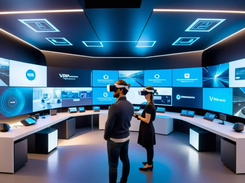 Investigadores concentrandose en la fidelidad acústica en realidad virtual, rodeados de tecnología vanguardista