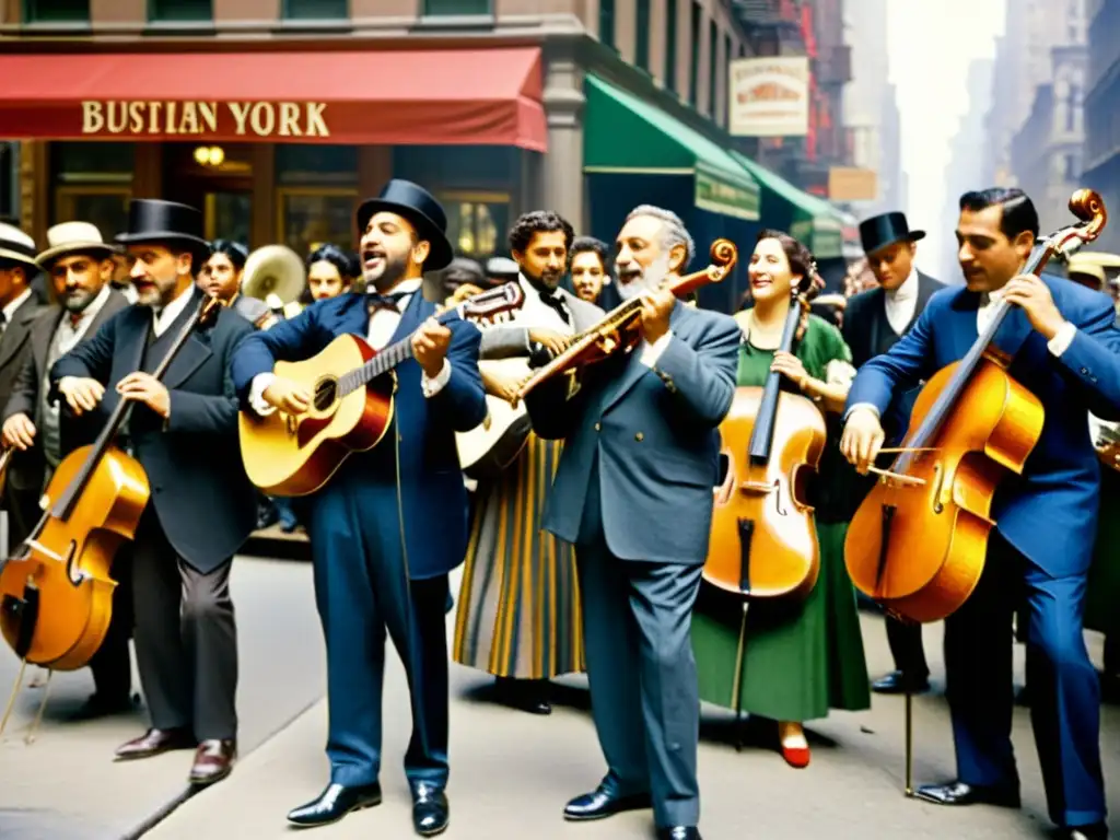 Música italiana en América: Inmigrantes italianos tocan música tradicional en la bulliciosa calle de Nueva York en los 1900s