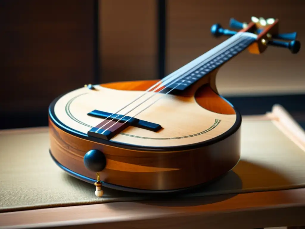 Un shamisen japonés tradicional de madera envejecida iluminado por una suave luz, evocando la historia y sonido del shamisen