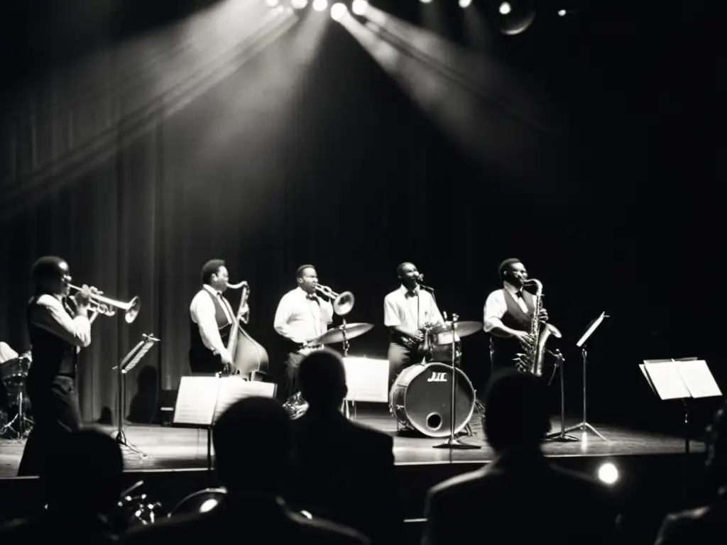 Trombón en el jazz: Impacto musical mientras la banda de jazz toca apasionadamente en un escenario tenue, creando una atmósfera inmersiva y atemporal