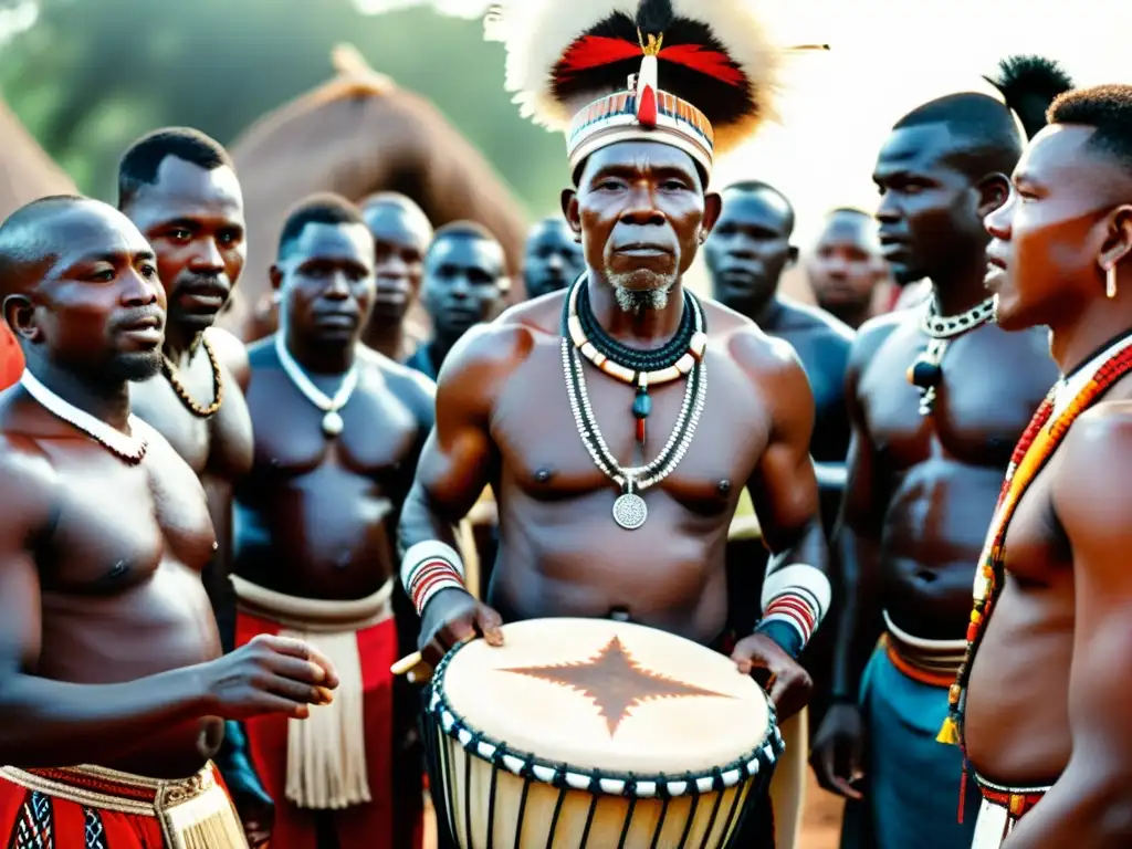 Un jefe tribal africano toca un tambor ceremonial rodeado de su comunidad, ilustrando la importancia cultural de los instrumentos musicales como símbolos culturales