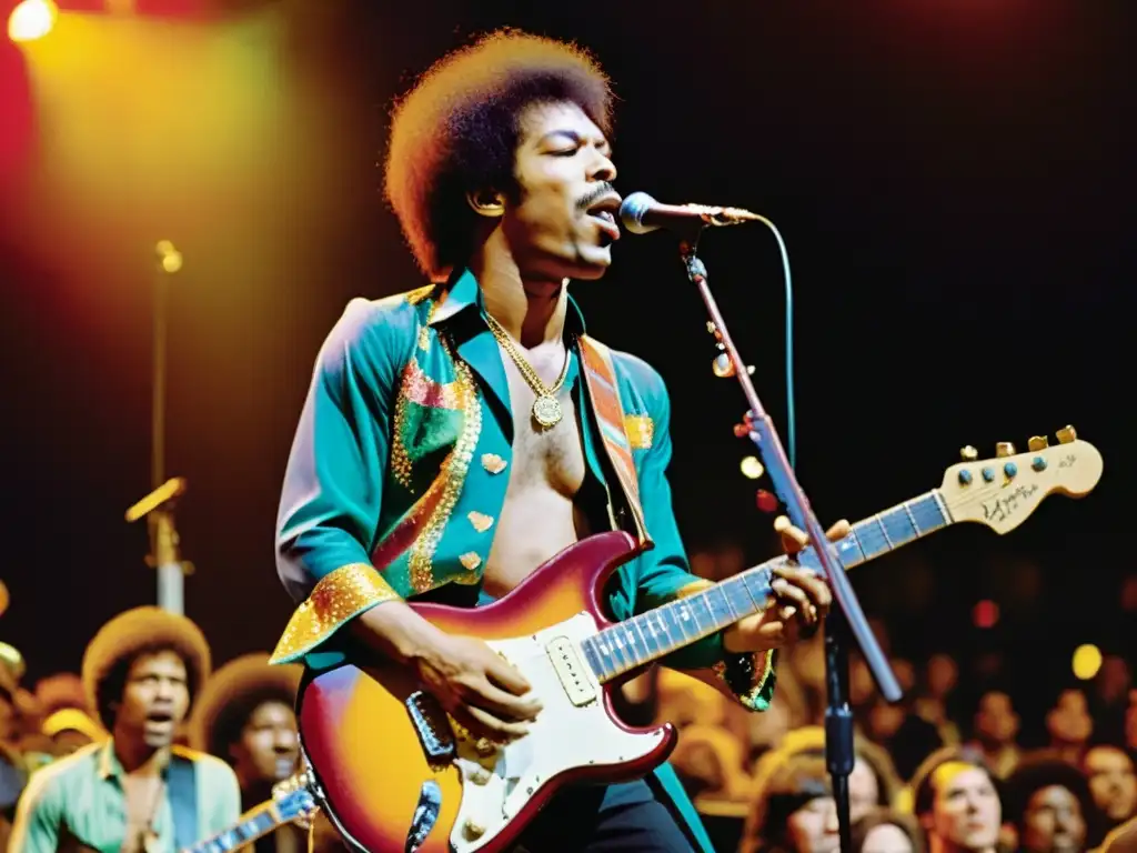 Jimi Hendrix tocando una guitarra eléctrica vibrante en un escenario, con un público cautivado y luces de colores