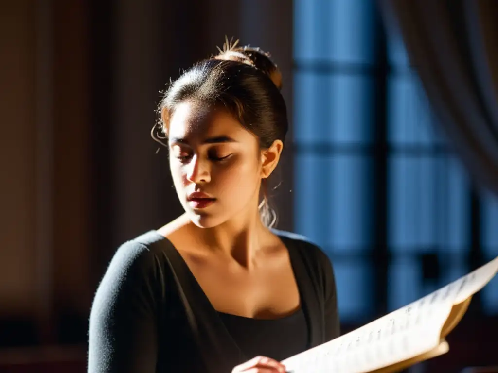 Una joven cantante de ópera ensaya con intensa dedicación en una sala llena de partituras y ejercicios vocales