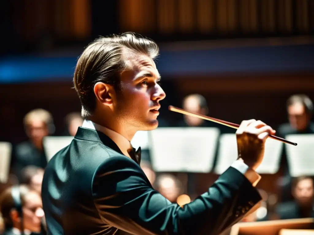 Un joven director de orquesta lidera apasionadamente la actuación, con sudor en la frente y concentración intensa