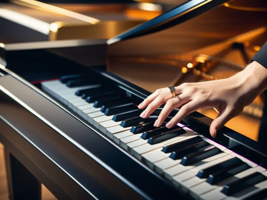 Un joven músico interpreta con precisión una composición contemporánea en un piano moderno, con elegante iluminación